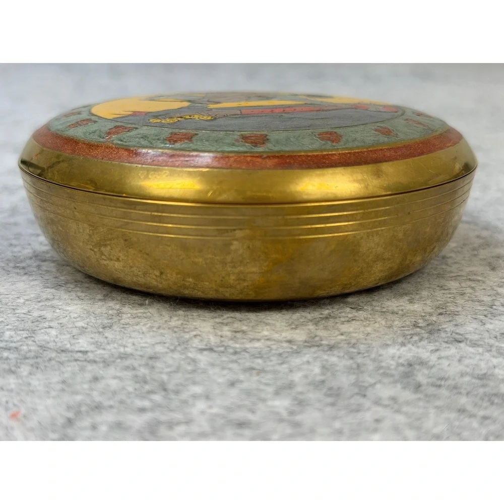 Vintage Solid Brass Trinket Box India Enameled Rocking Horse Jewelry Dish 4 Inch